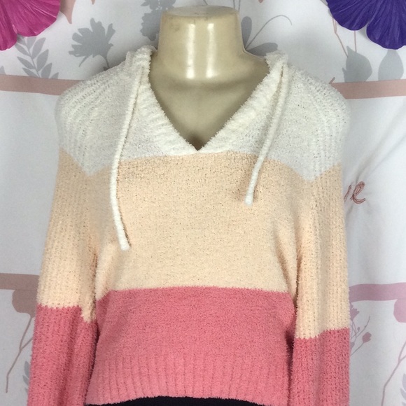 SO XS stripe color block chenille long sleeve soft hoodie sweater - Picture 2 of 7